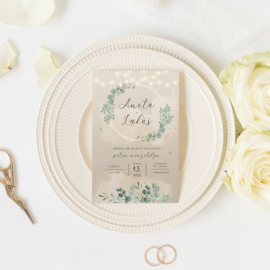 ideatree, oznámenie, svadba, svadobné oznámenie, oznámenie s eukalyptom, lístky, zelené oznámenie, nové mesto nad váhom