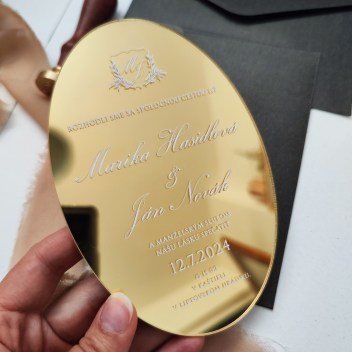 ideatree, oznámenie, svadba, svadobné oznámenie, luxusné oznámenie, zrkadlové oznámenie, zlaté oznámenie, transparentné, oznámenie s bielym textom, nové mesto nad váhom