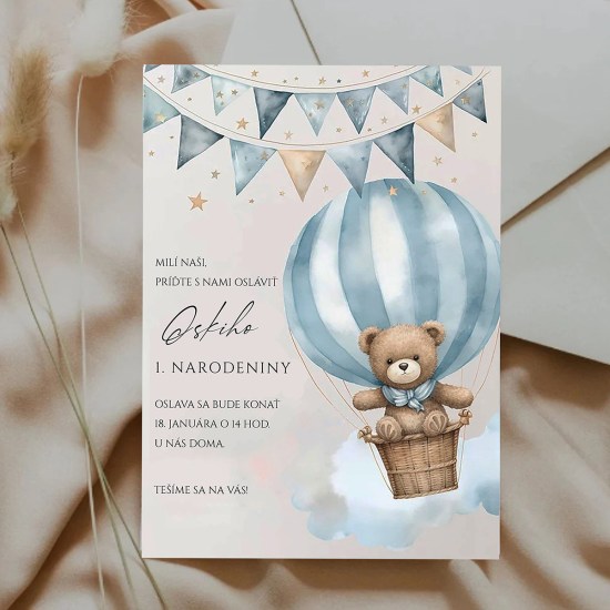 ideatree, pozvánka, detská pozvánka, pozvánka na oslavu, pozvánka s mackom, macko s balónom, pozvánka na narodeniny, noiart, nové mesto nad váhom